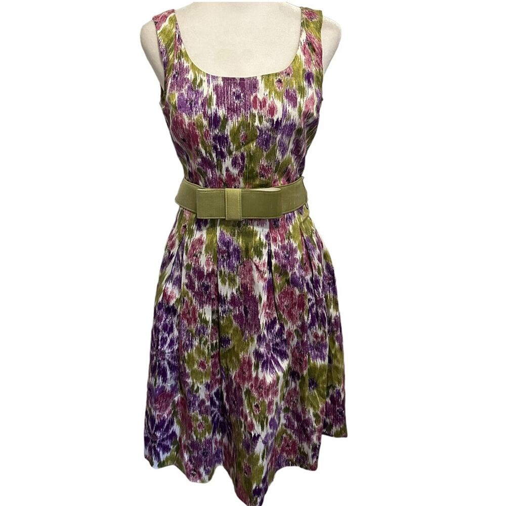 Donna Degnan Retro Floral Fit-n-flare Dress US 0 NWT Green Purple Pink Bow Belt